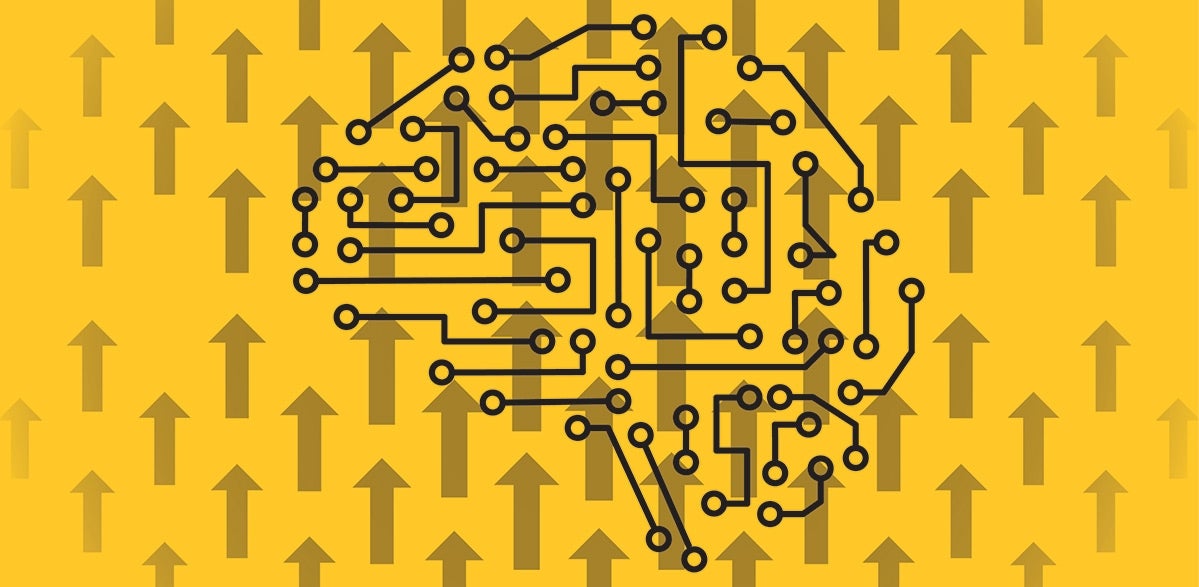 Illustration of a brain made out of links behind a background of upward arrows