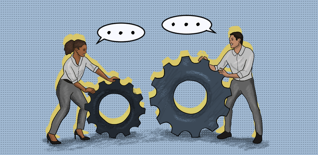 Graphic of two people communicating and rolling large gears toward one another