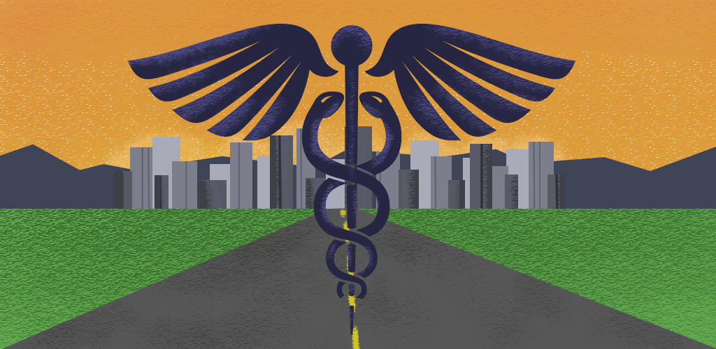 Illustration of a caduceus in front of a city