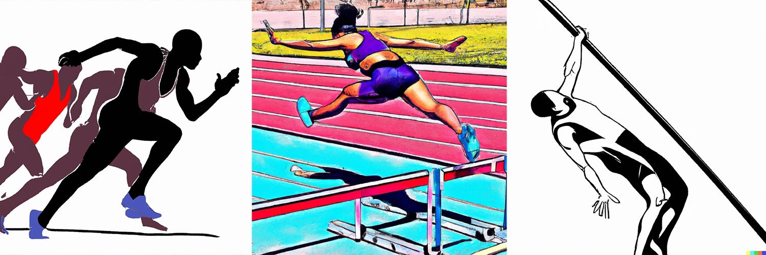 3 illustration of track and field sports (running, hurtdles, pole vaulting).