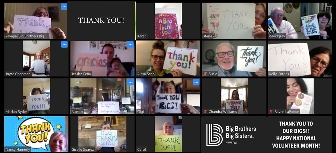 A Zoom conference with 18 screens. Each screen shows either a person holding up a handmade "Thank you" sign or text reading "Thank you".