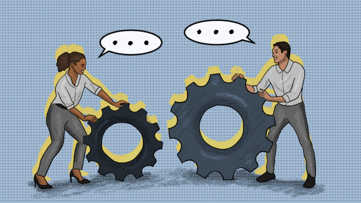 Graphic of two people communicating and rolling large gears toward one another