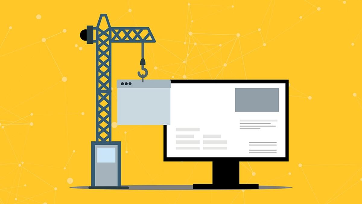 Illustration of a computer with a small crane next to it, lifting a window into the monitor