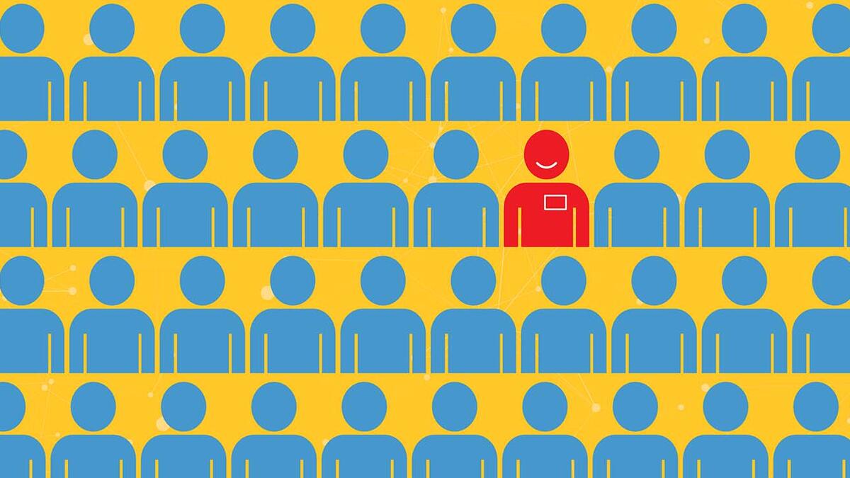 Illustration of a happy volunteer amid a crowd