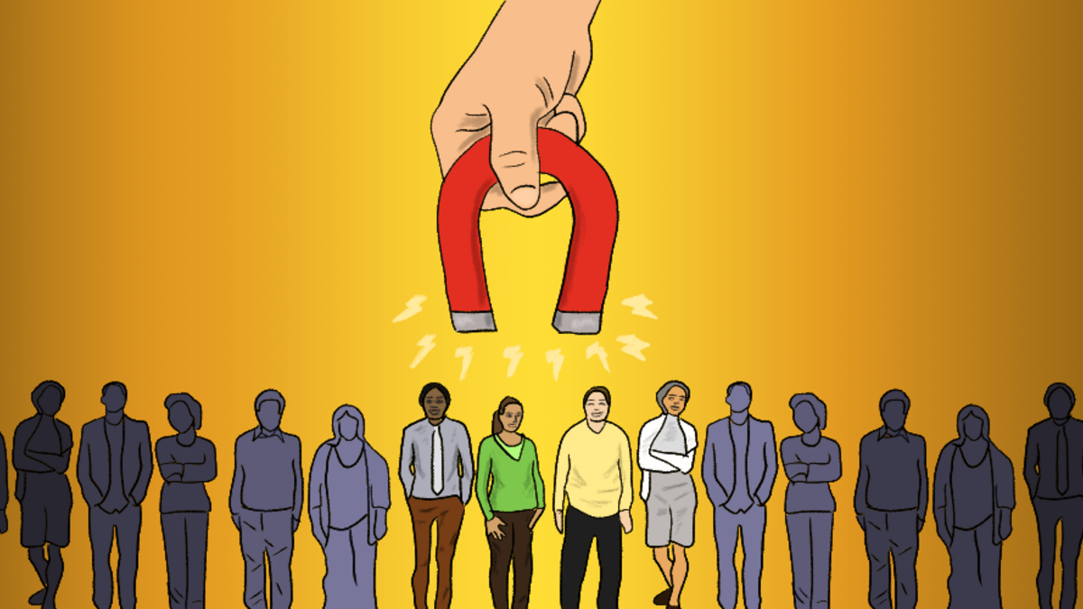 Illustration of a giant magnet above a group of millenials