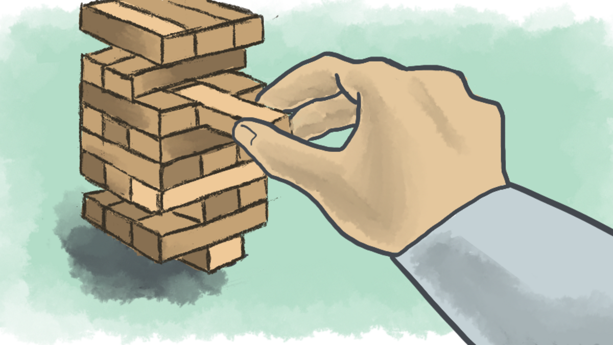 Illustration of a hand pulling a Jenga piece out of a Jenga tower