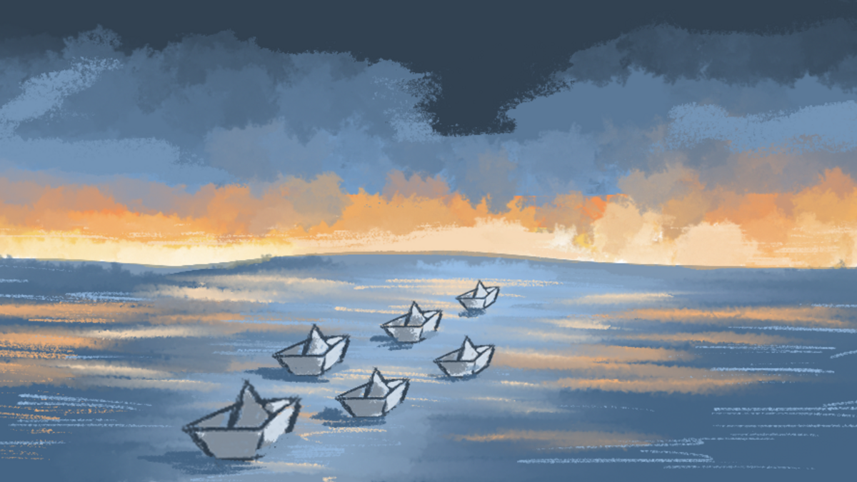 Illustration of paper boats floating in the ocean