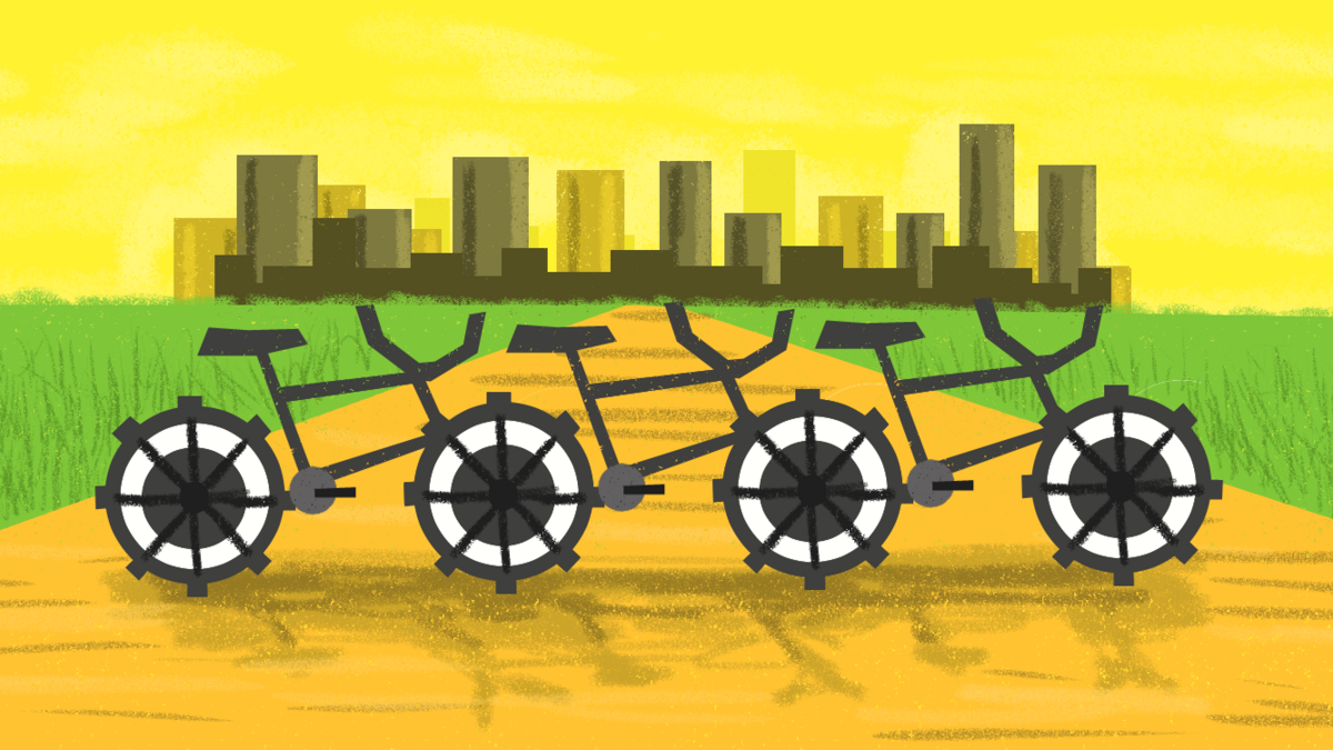 Illustration of three bicycles in front of a distant city