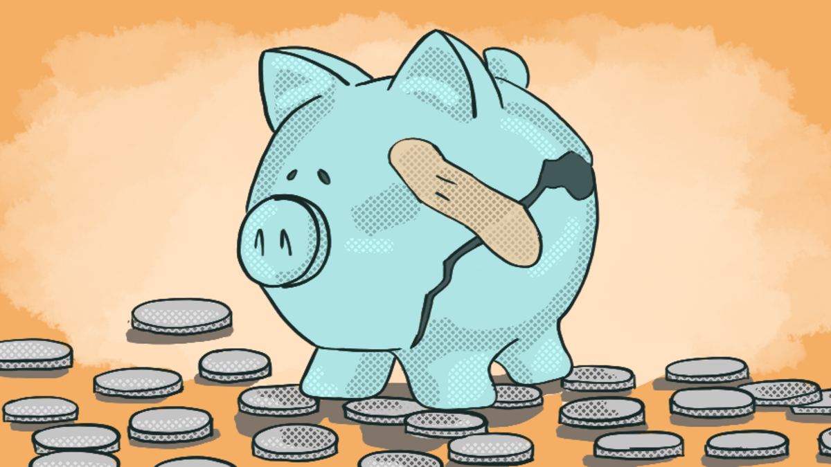Illustration of a broken piggy bank held together with a Band-Aid, surrounded by coins.
