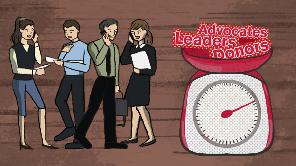 Illustration of a group of people next to a large scale weighing "Advocaes," "Leaders," and "Donors"