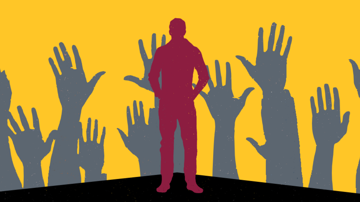 Illustration of a silhouetted man in front of a group of raised hands