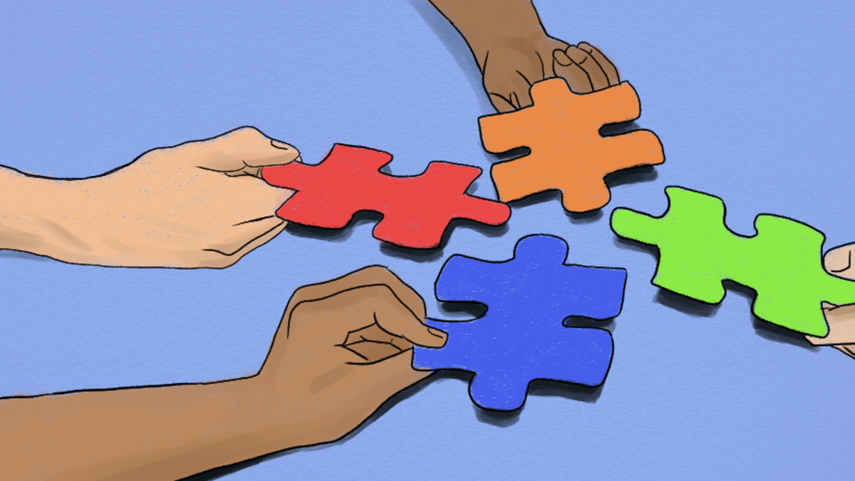 Illustration of four hands bringing puzzle pieces together
