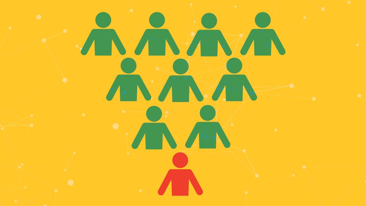 Illustration of people arranged in a triangle pointed downwards. The person at the point is colored orange and others are green.