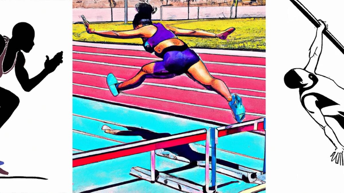 3 illustration of track and field sports (running, hurtdles, pole vaulting).